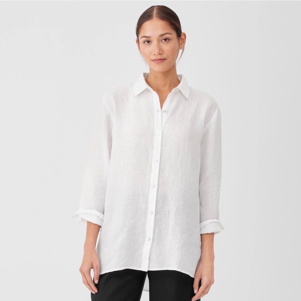 EILEEN FISHER 100% Irish Linen White Button Down Shirt Tunic Beach‎ Long Sleeve